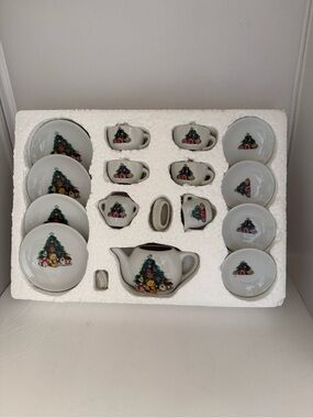 Vintage Kids Porcelain Tea Set with Festive Christmas Tree Design - White #9